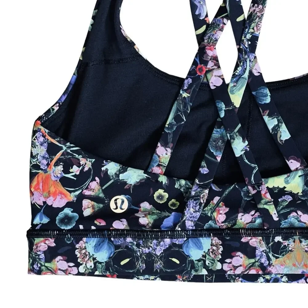 Lululemon Women’s Sz 2 Black Floral Sports Bra Energy Flowerscope Medium Support